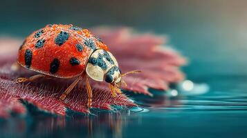 Colorful ladybug on a wet leaf near calm water in the morning light photo