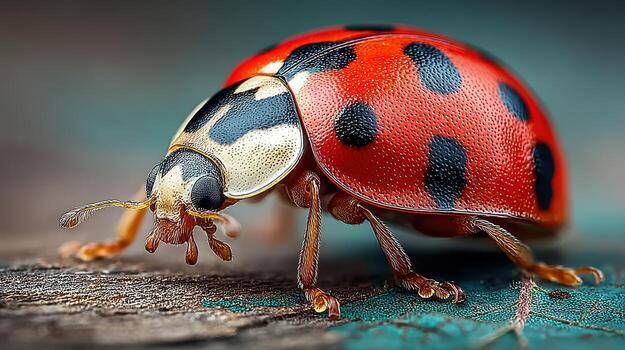 Close-up view of a ladybug crawling on a wooden surface in a natural setting photo