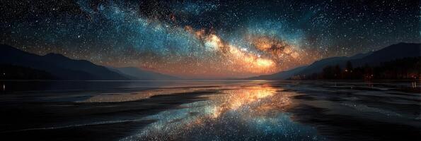 Stunning night sky with vibrant stars reflecting on calm lake surface near mountains at twilight photo