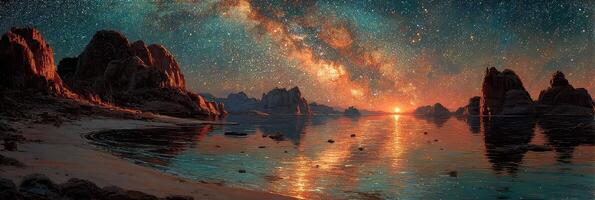 Breathtaking view of the Milky Way over calm waters at dusk illuminating rocky landscape and serene beach photo