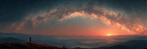 Captivating view of the Milky Way arching over mountains at sunset in a serene landscape photo