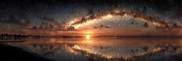 Stunning sunset reflects on calm waters beneath a starry sky over a peaceful beach location photo