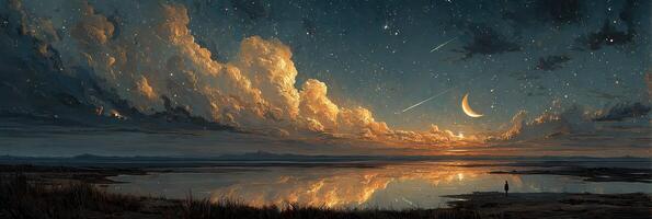 Stunning night sky with moon and clouds reflecting over tranquil water at twilight photo