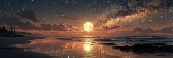 Stunning lunar reflection on a tranquil beach under a starry sky at dusk photo