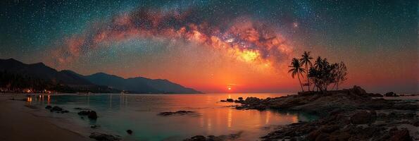 Night sky panorama showcases the vibrant Milky Way over a tranquil beach at sunset photo
