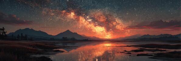 Stunning view of the Milky Way over a tranquil lake with mountains in the background during twilight photo