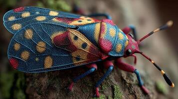 Colorful insect perched on a tree trunk in a natural habitat during the early morning light photo