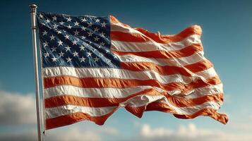 Waving American flag under blue sky with clouds in the background during a clear afternoon photo