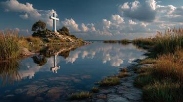 Cross reflecting in calm waters at sunset near a lush riverside landscape photo