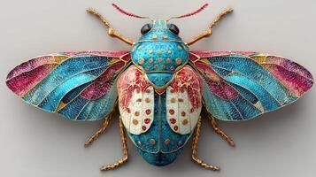 Colorful insect displayed with intricate details highlighting its unique patterns and textures photo