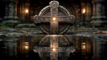Intricate cross sculpture reflecting in water near ancient stone ruins during twilight photo