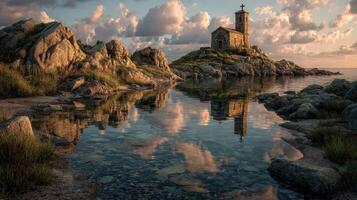 Sunset casts golden light on a rustic chapel beside a tranquil body of water photo