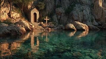 Tranquil coastal retreat with stone chapel and serene waters at sunset photo