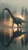 Dinosaur walks through foggy forest by calm lake during early morning light photo