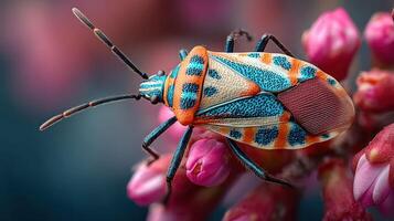 Colorful insect perched on vibrant pink flowers in a natural setting during daylight hours photo