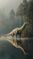 Large dinosaur stands in misty forest reflecting in still water at dawn photo