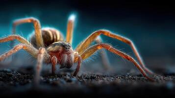Close view of a spider crawling on the ground, highlighting its intricate details and textures in a dark environment photo