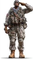 Soldier saluting in military uniform with tactical gear and American flag at a training ground during daylight photo