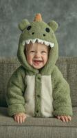 Happy baby wearing green dinosaur costume smiles while sitting on a soft couch indoors during daytime photo