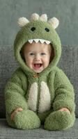 Cute baby wearing green dinosaur costume smiles joyfully while sitting on a cozy gray couch indoors during daytime photo