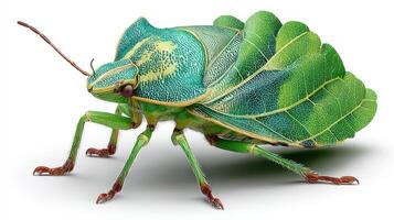 Colorful green insect blending with foliage observed in natural habitat during daytime photo