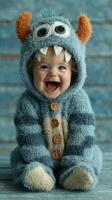 Happy baby dressed in a cozy monster onesie with bright colors in a cheerful setting photo