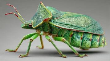 Colorful green beetle observed up close showcasing intricate details and textures in a studio setting photo