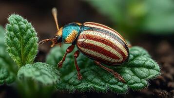 Vibrant striped beetle resting on green leaf in a natural setting during daylight photo
