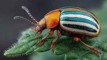 Close-up of a vibrant striped beetle resting on a green leaf in a natural environment during daylight hours photo