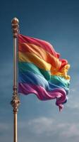 Colorful rainbow flag waves proudly against a clear sky, symbolizing diversity and inclusion in a vibrant display photo