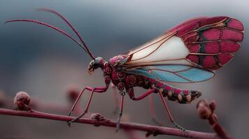 Vibrant insect perched on a twig captured in nature during golden hour photo