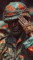 Soldier saluting during military ceremony in vibrant camouflage uniform under bright sunlight photo
