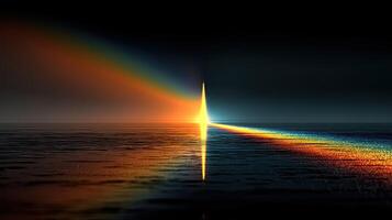 Radiant sunset reflecting on calm water with vibrant colors and smooth waves at twilight photo