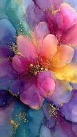 Colorful abstract floral design with vibrant hues of purple, pink, and gold accents created using fluid art techniques photo