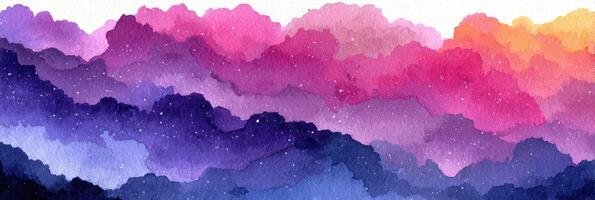 Colorful watercolor landscape with mountains and clouds at sunset showcasing vibrant shades of purple and pink photo