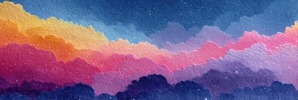 Vibrant watercolor landscape depicting colorful clouds at sunset with deep blue tones against a fading sky photo