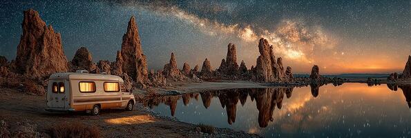 Starry night over a serene lake with a caravan parked near towering rock formations photo