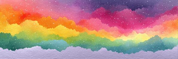 Vibrant watercolor landscape with colorful clouds in a dreamy gradient at sunset photo