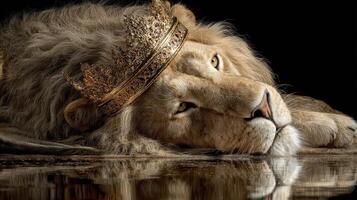 Majestic lion rests with regal crown in captivating portrait captured in warm lighting photo