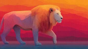Majestic lion walks across vibrant landscape at sunset with colorful mountain backdrop photo