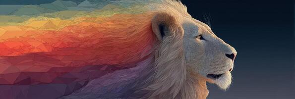 Lion with colorful geometric mane in a digital art style showcasing vibrant hues against a dark background photo