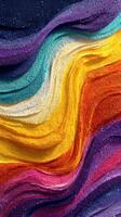 Vibrant abstract waves of color create a dynamic blend of orange, purple, and teal textures in an artistic design photo