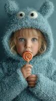 Child in fuzzy blue costume enjoying a lollipop against a soft background photo