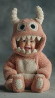 Cute baby dressed in fluffy monster costume smiles warmly at the camera in a softly lit indoor setting photo