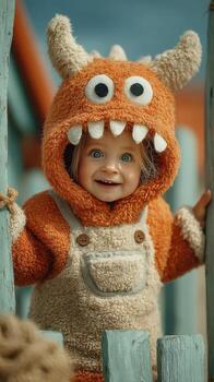 Cute child in a playful monster costume smiles while standing next to colorful playground equipment during a sunny day photo