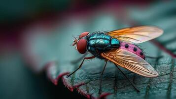 Colorful fly resting on a green leaf in a natural setting during daylight hours photo