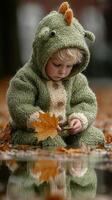 Child in dinosaur costume playing with leaves by a pond in autumn sunlight photo