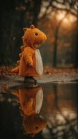 Child in dinosaur costume stands by a puddle in a park during autumn at golden hour photo