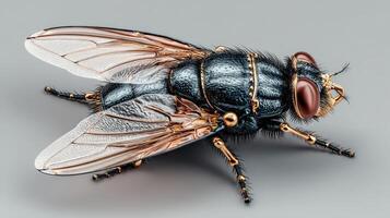 Close-up view of a detailed insect showcasing intricate features and vibrant colors under a gray background photo