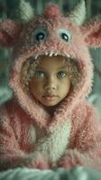 Young child in a fluffy pink monster costume with curly hair sitting indoors during a cozy afternoon photo